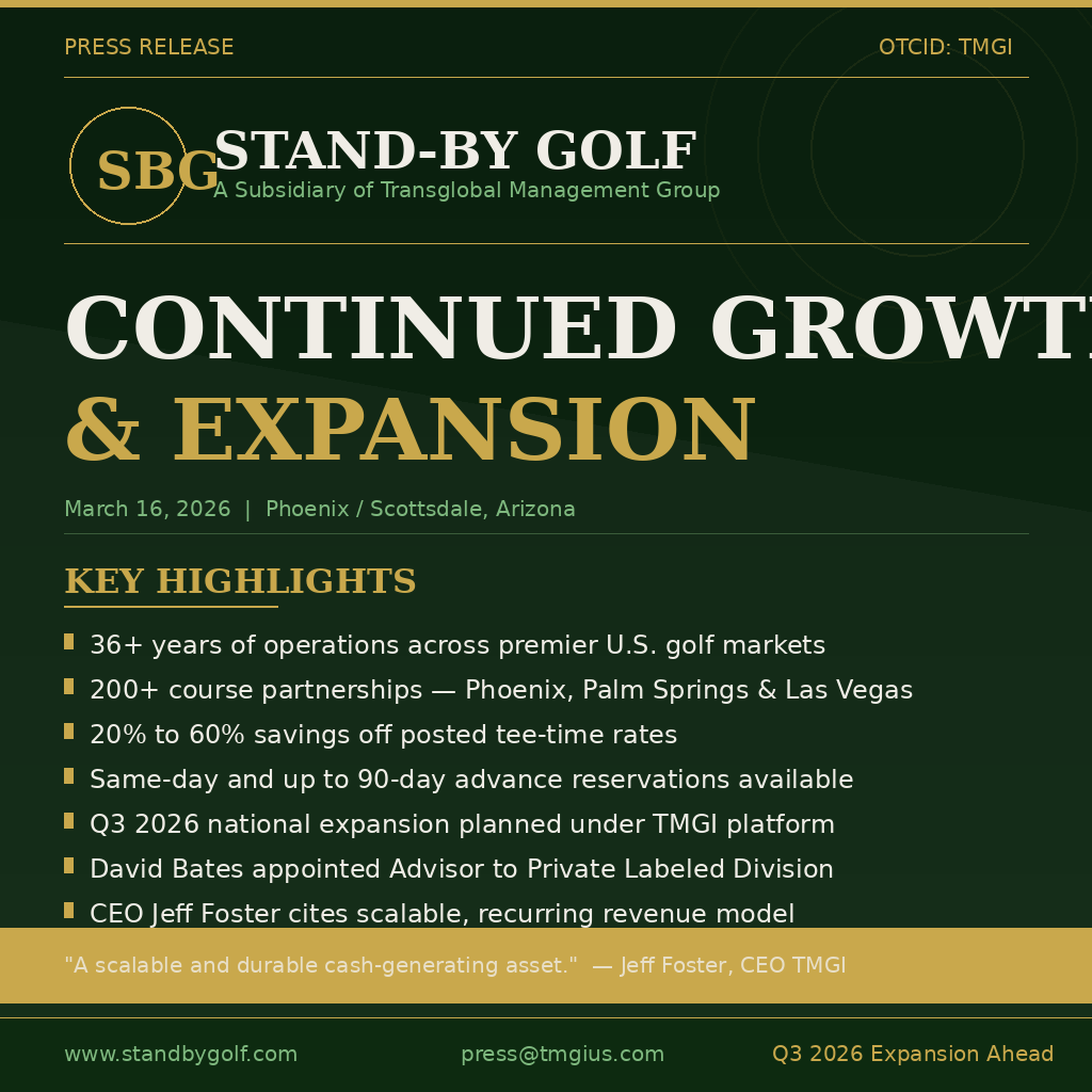 Stand-By Golf Reports Continued Growth and Expansion Initiatives Following TMGI Acquisition